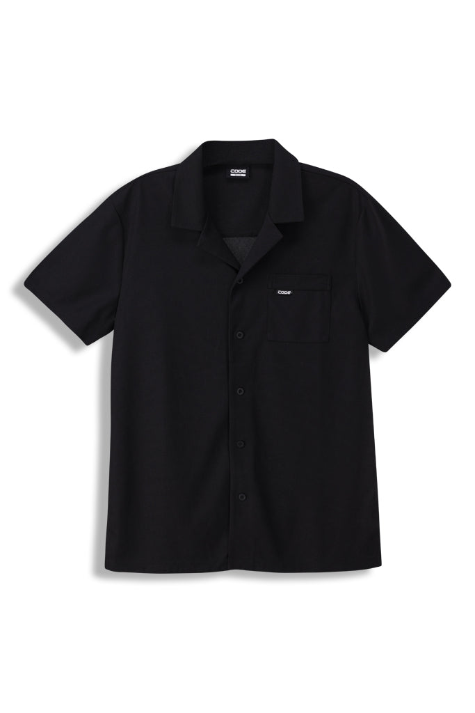 Front View: Classic black knit shirt that provides a versatile and stylish option.