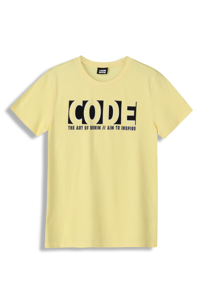 Front view: Bright lemon graphic t-shirt with a standout print.