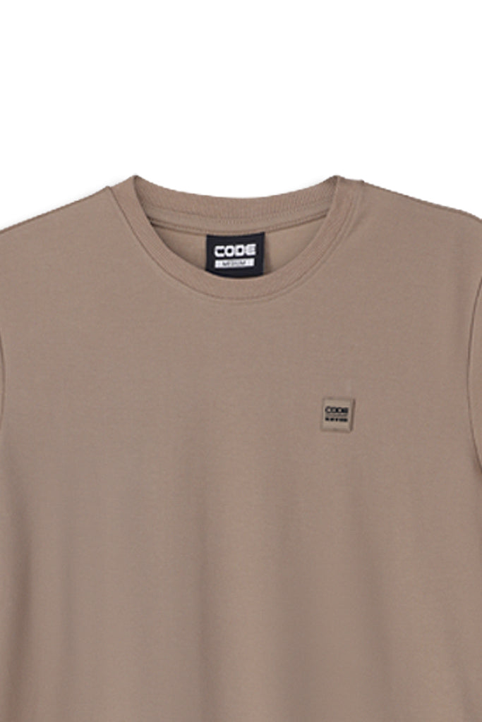 Desert Taupe crew neck T-shirt made from 100% cotton with ribbed neckline and subtle chest branding.