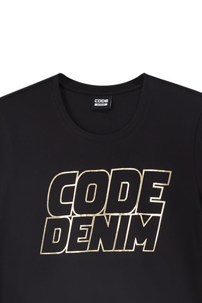Black graphic T-shirt featuring CODE DENIM printed design, perfect for modern streetwear style.
