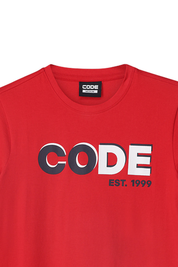 Fire red graphic t-shirt featuring ribbed neckline and chest branding, perfect for streetwear style.