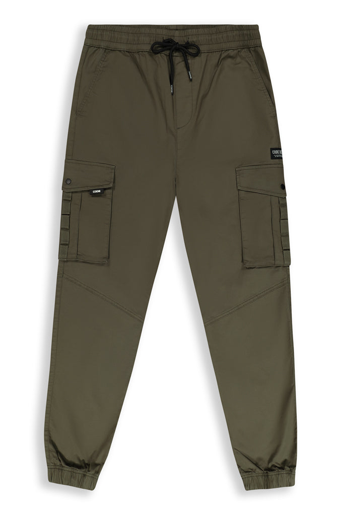 Front View: Beetle green cargo pants with multiple utility pockets.