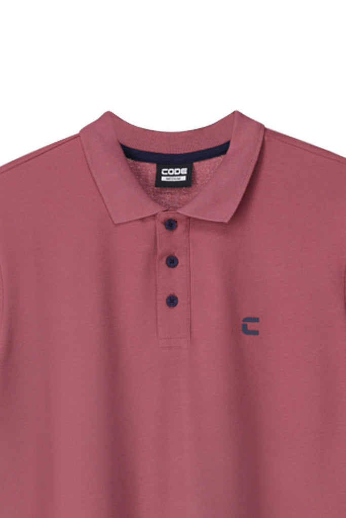 Dark rose golfer with knitted collar and cuffs, made from soft cotton, featuring a slim fit and stylish branded logo.