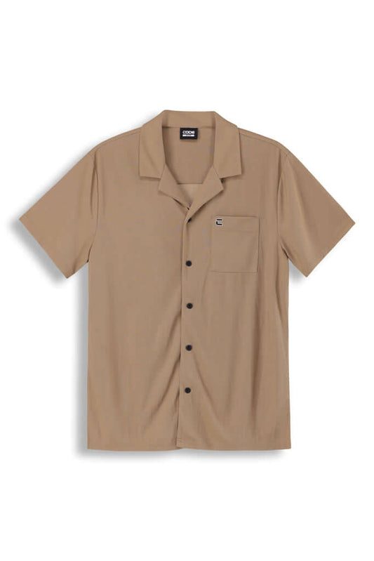 WAFFLE KNIT SHIRT in brown, short-sleeve design with button closure and pocket detail for casual comfort.