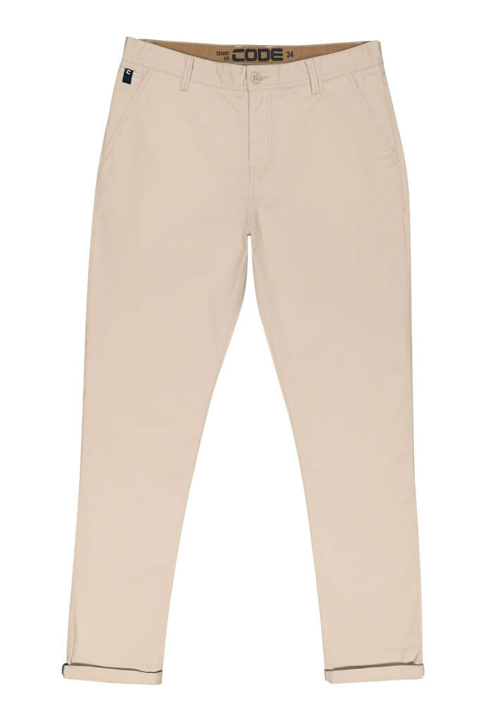 Chino Pants _ 163583 _ Pumice Stone, slim-fit cotton blend with elastic waist and pockets, perfect for versatile style.