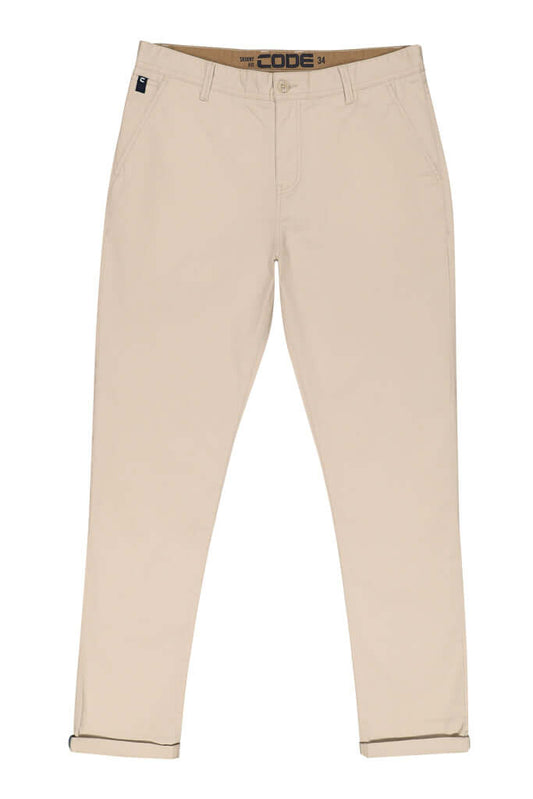 Chino Pants _ 163583 _ Pumice Stone, slim-fit cotton blend with elastic waist and pockets, perfect for versatile style.