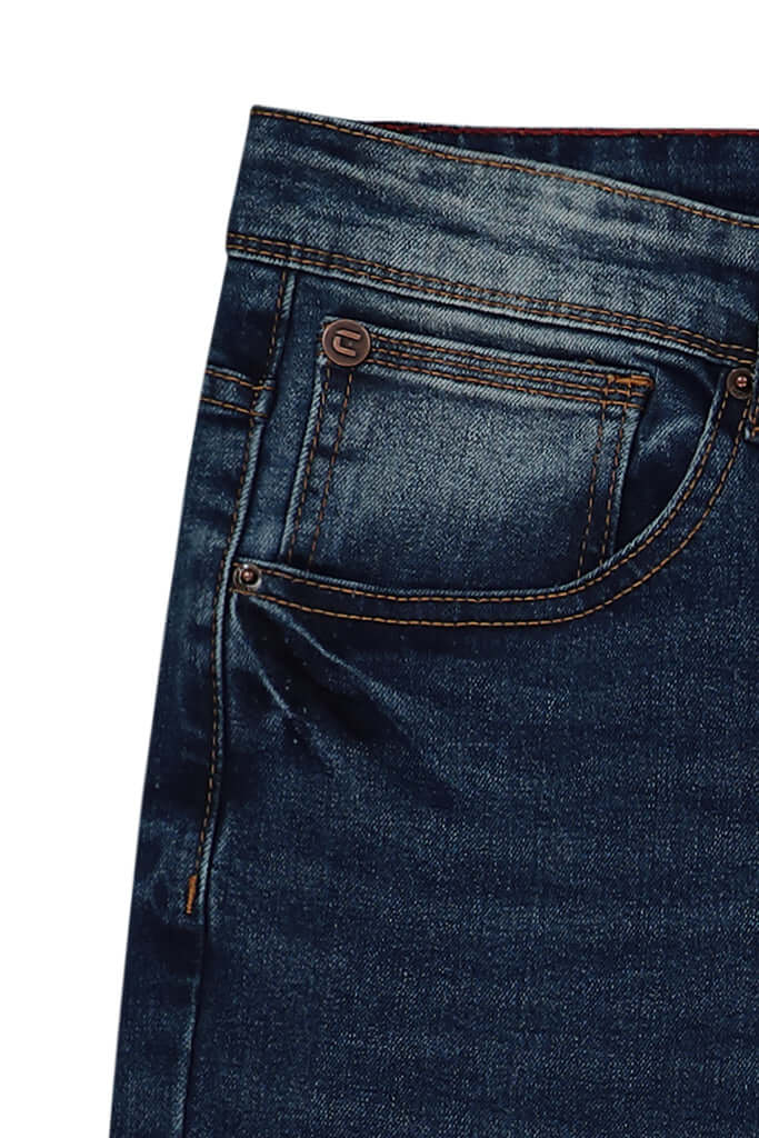 Skinny Fashion Jeans - Medium Blue close-up of denim fabric and five-pocket design with signature branding.