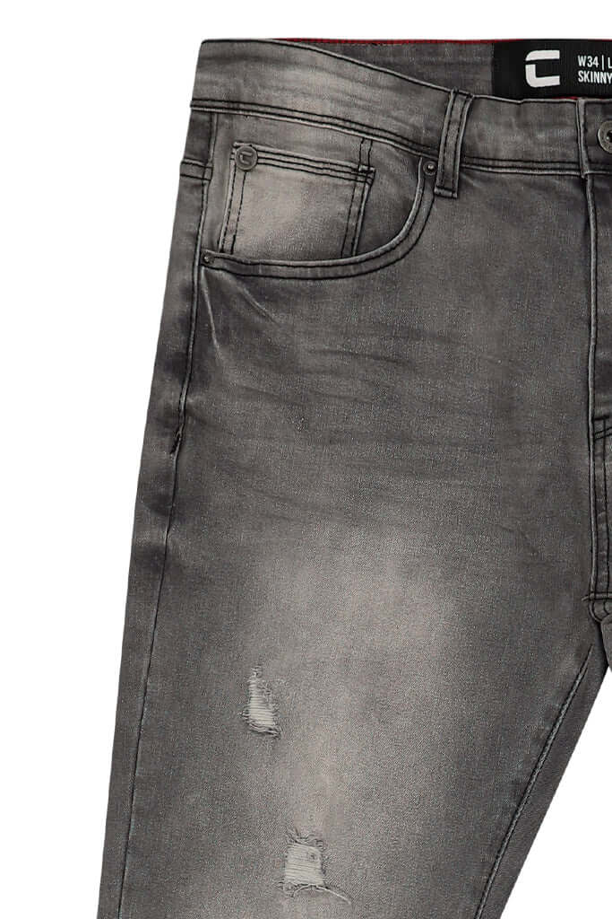 Skinny Fashion Jeans - Grey close-up showing pocket design and distressed details.