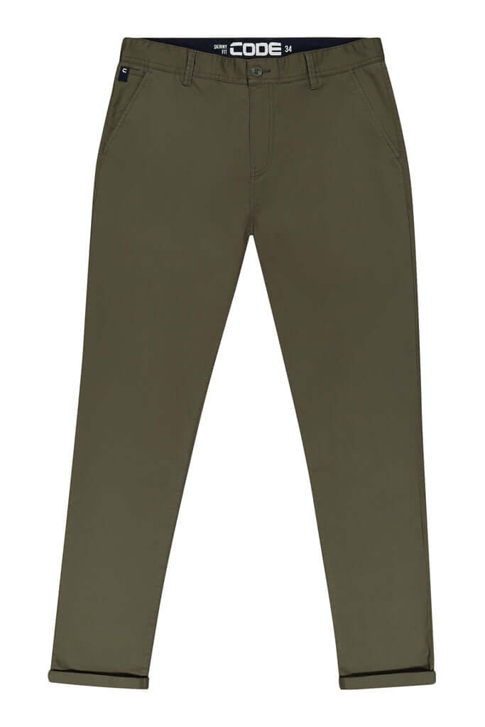 Chino Pants _ 163584 _ Beetle in olive green, featuring a slim-fit design and elasticated waist for comfort.