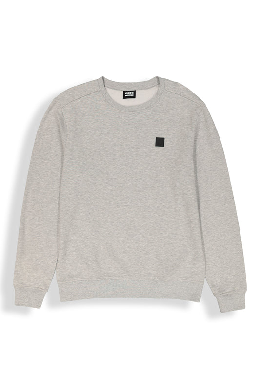 Front view: A classic grey melange crew sweat top with a modern, casual appeal.