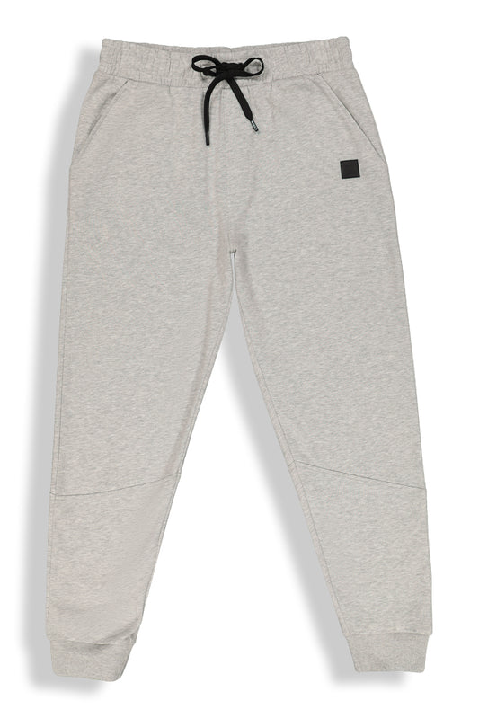 The front of the stylish, light grey melange jogger offering a soft, heathered texture and a relaxed yet modern fit.