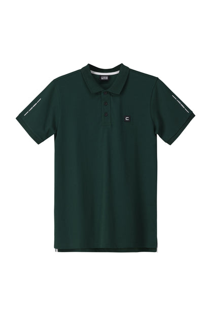 Front View: Elegant forest green short sleeve golfer with a classic buttoned collar.