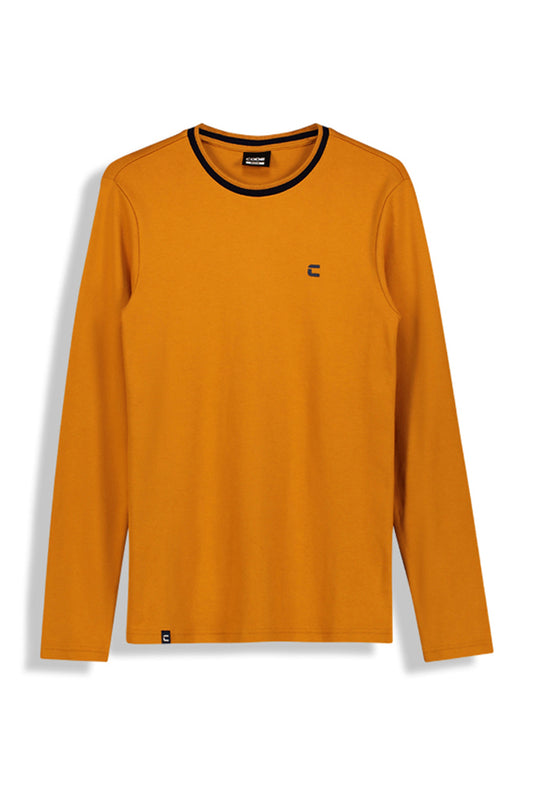 Front view: Vibrant mustard long sleeve t-shirt that adds a pop of color to any casual look.