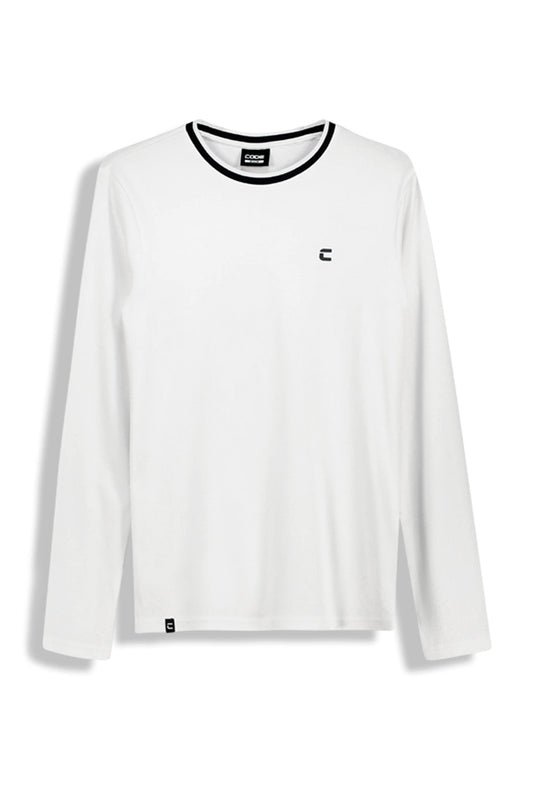 Front view: Crisp white long sleeve t-shirt with a clean, classic fit.