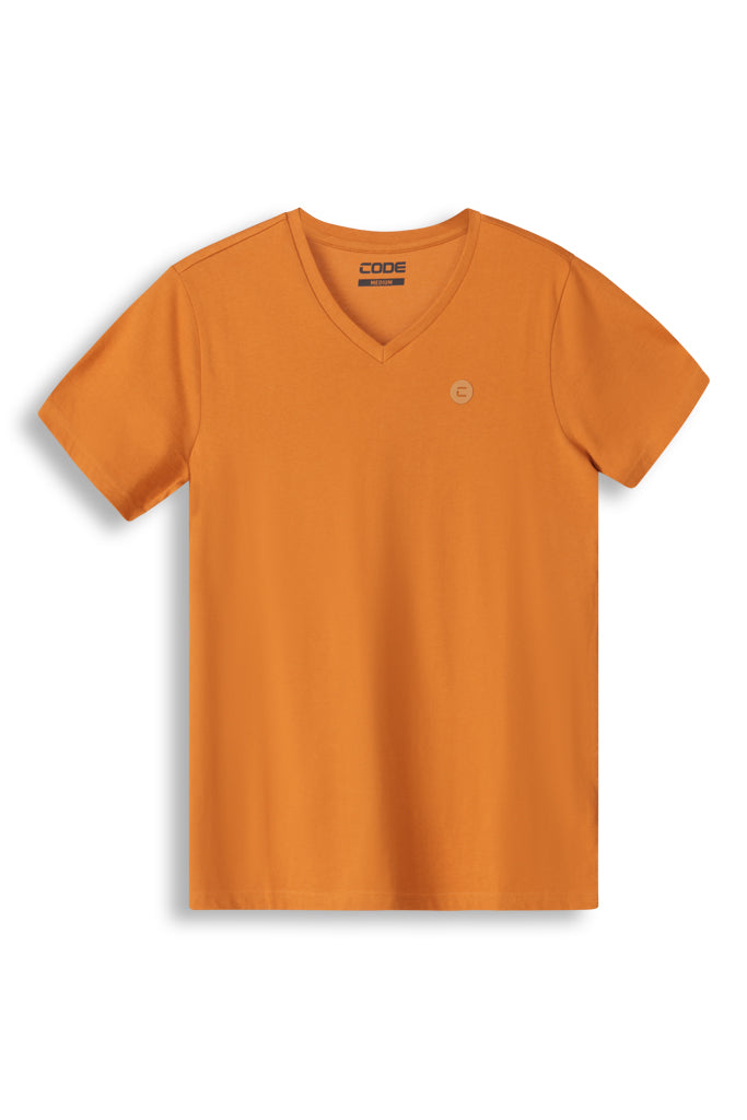 Front View: Bold deep mustard V-neck t-shirt, offering a flattering fit with a casual style.