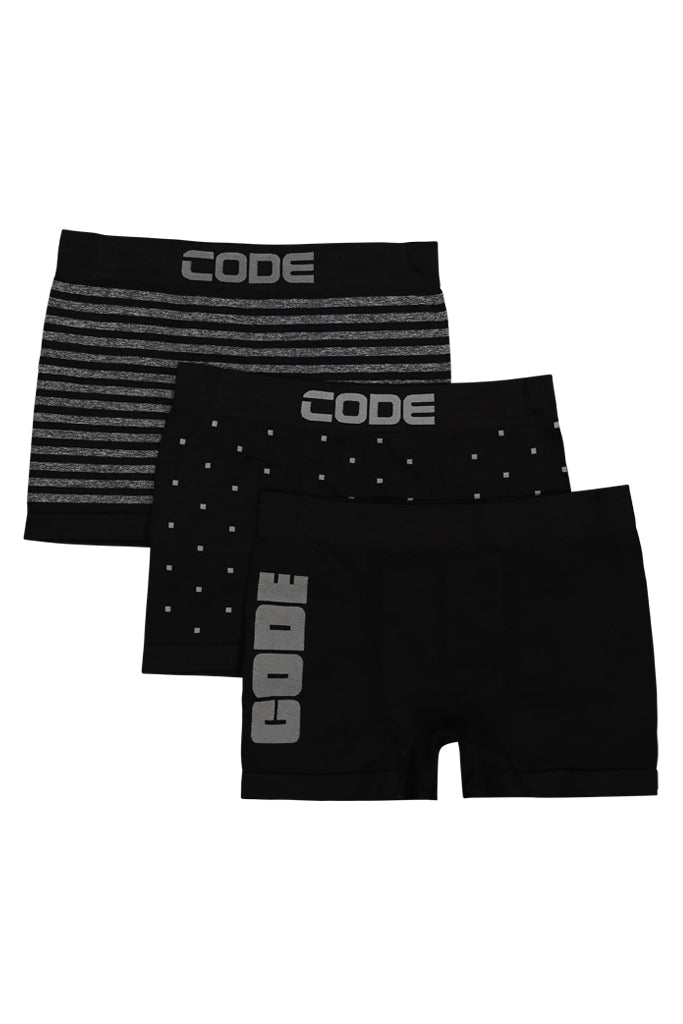 A set of three seamless boxers in black, charcoal, and navy, featuring CODE branding for a sleek and modern look. Designed for all-day comfort.