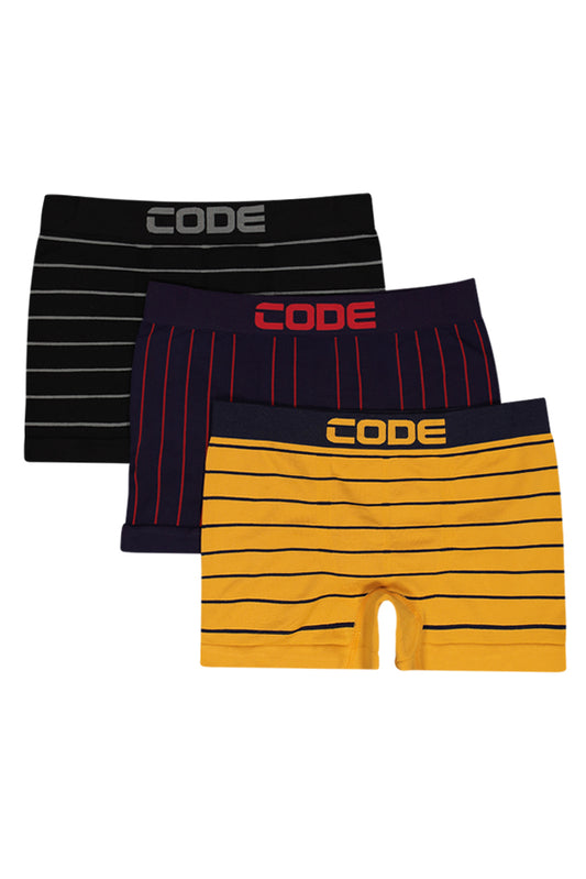 A stylish 3-pack of seamless underwear in mustard, black, and navy, designed for both comfort and a modern look with CODE branding.