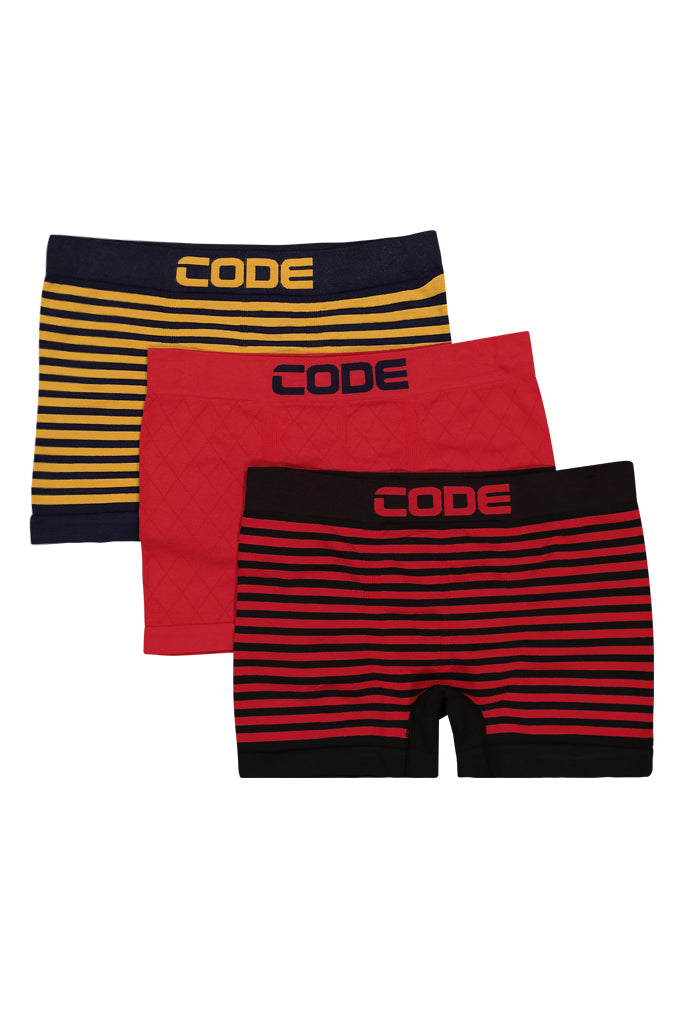 A bold 3-pack of seamless underwear in red, black, and navy, offering a comfortable and contemporary fit with CODE branding.