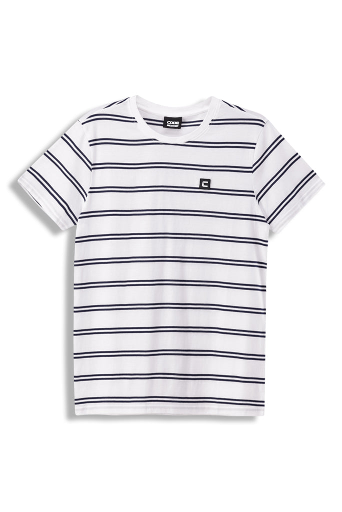 Front View: Multi-stripe crew neck t-shirt with a modern, colourful design.