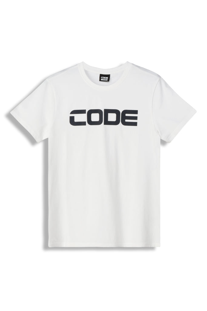 Front View: Fresh white graphic t-shirt featuring a stylish design.