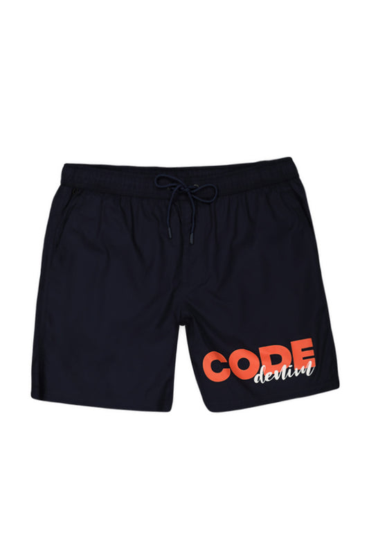 Front View: Classic navy pool shorts perfect for summer days.