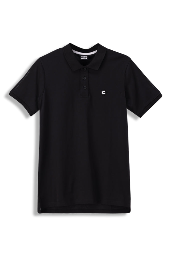 Front View: Stylish black knit golfer with a subtle texture, great for smart-casual wear.