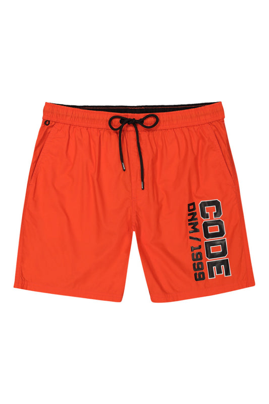 Front view: Vibrant tango orange pool shorts with a sporty, relaxed fit.