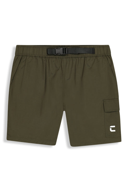 Front view: Fatigue green cargo pool shorts with a relaxed fit.