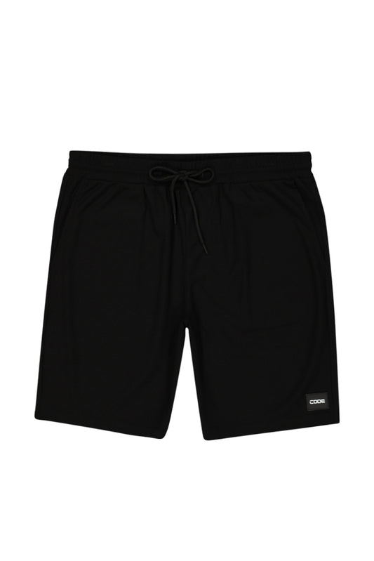 Front View: Comfortable black jogger shorts with a relaxed, modern look.