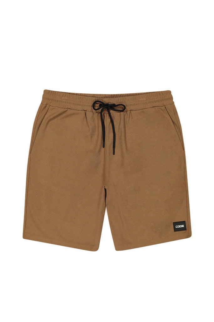 Front View: Warm coffee-colored jogger shorts with a stylish, relaxed fit.