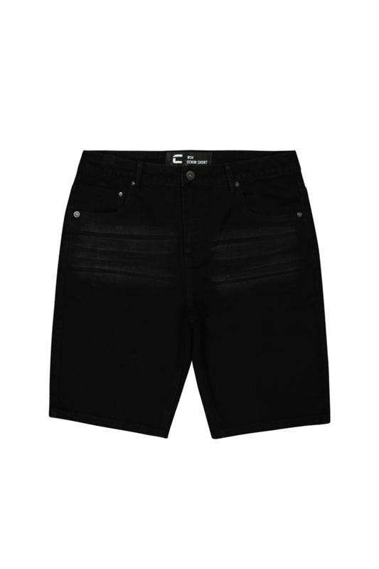 Front View: Stylish black denim shorts with a classic five-pocket design.