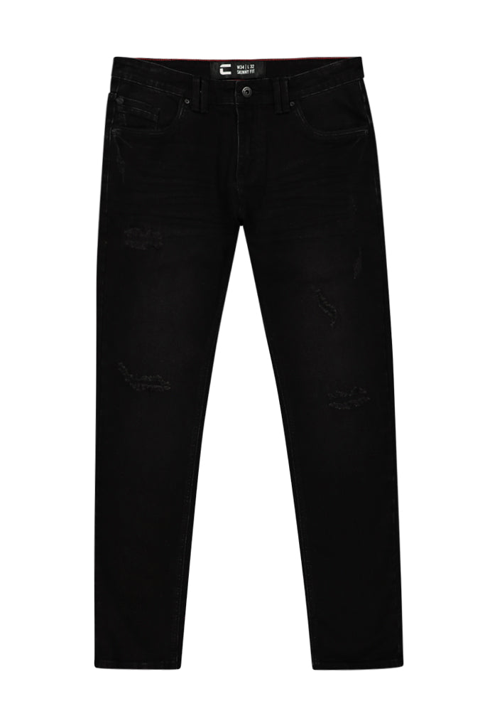 Front View: Black fashion jeans with stylish distressed detailing for a modern look.