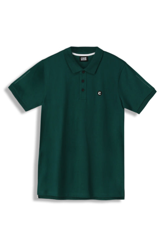 Front View: Stylish forest green golfer with a clean design and collar.