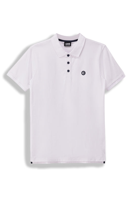 Front view: A crisp white Kasi Golfer shirt with a relaxed yet refined silhouette.