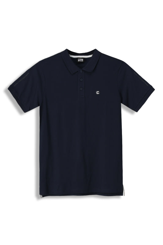 Front view: Deep navy Kasi golfer with a refined, structured collar.