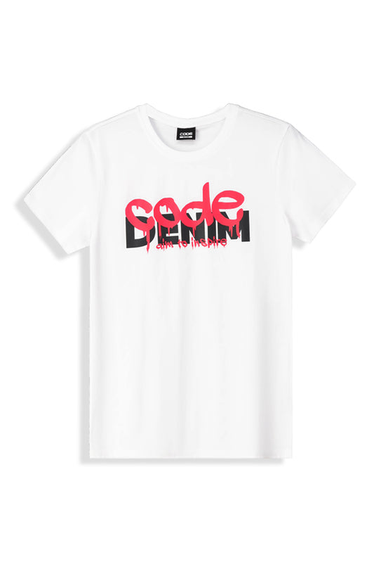 Front view: Crisp white graphic T-shirt with a fresh, clean design perfect for layering.