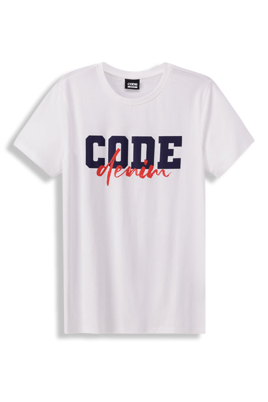 Front view: A crisp white graphic t-shirt featuring a bold printed design.