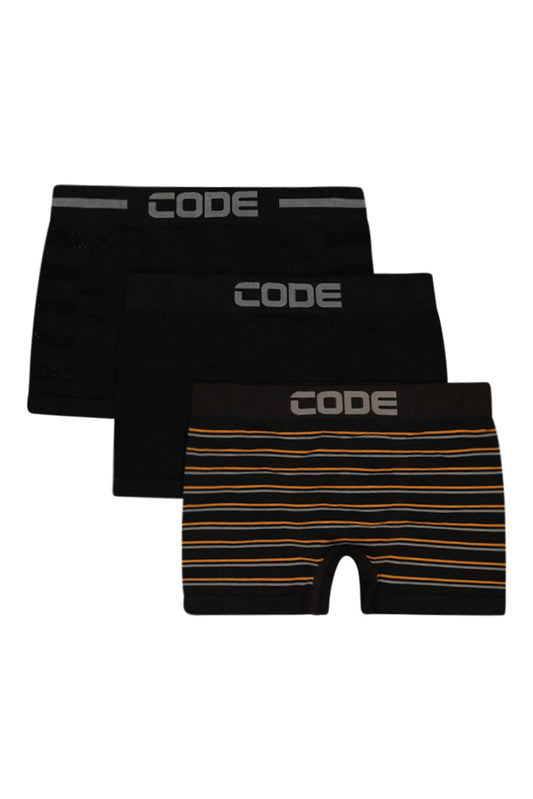 Classic black, charcoal, and navy seamless boxers in a 3-pack, offering a timeless design with CODE branding for everyday wear.