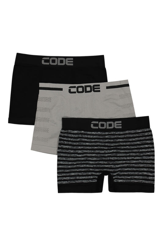 A sleek 3-pack of seamless boxers in grey, black, and charcoal, featuring CODE branding for a refined and comfortable fit.