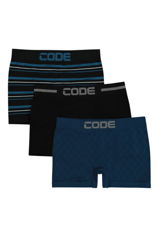 A bold 3-pack of seamless boxers in opal blue, black, and charcoal, offering a stylish yet functional addition to men's underwear.