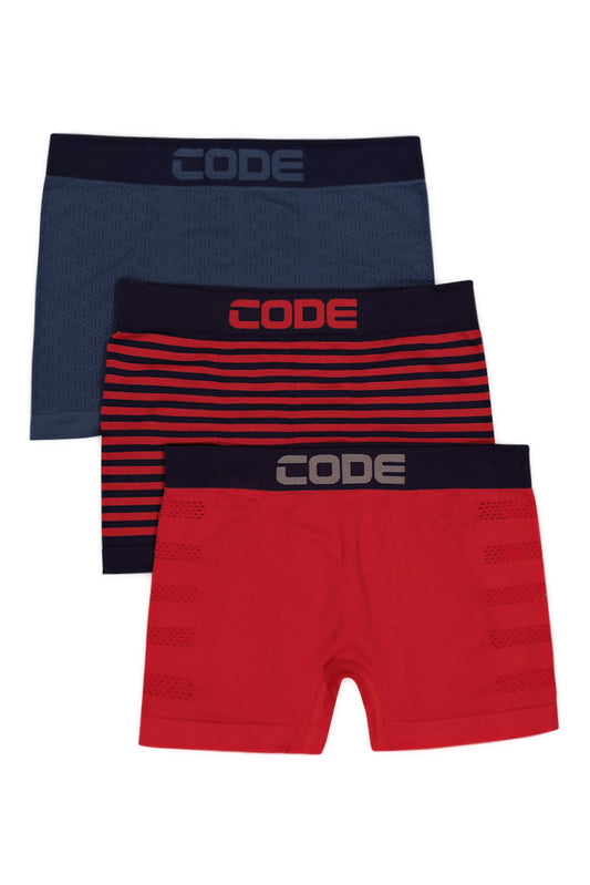 A vibrant 3-pack of seamless boxers in fire red, black, and charcoal, designed for a standout look with CODE branding.