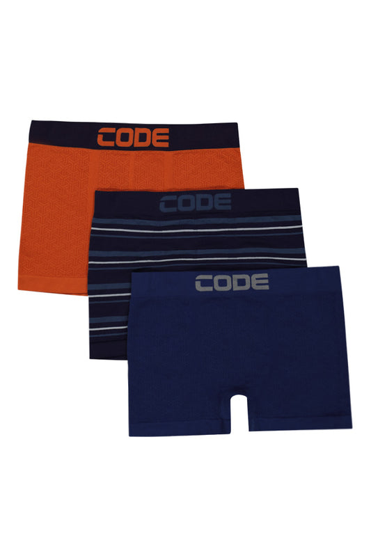 A classic 3-pack of seamless boxers in navy, black, and charcoal, blending style and practicality with CODE branding.