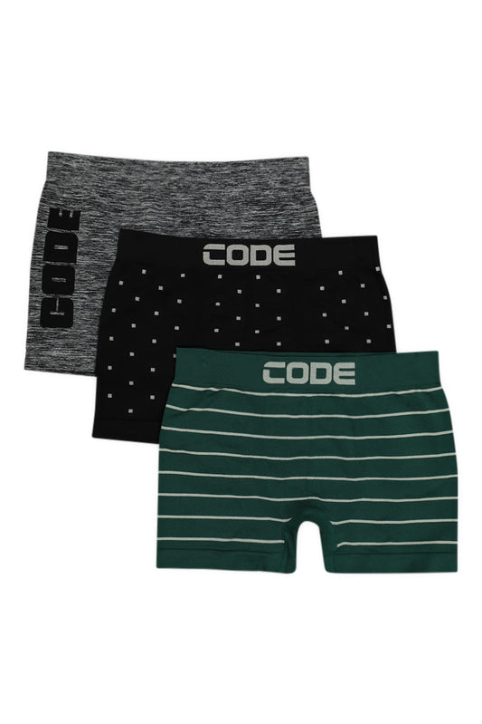 A fresh 3-pack of seamless boxers in rain forest green, black, and charcoal, delivering a contemporary style with all-day comfort.