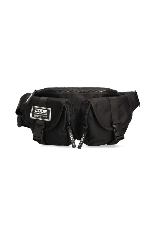 Front View: Practical black utility moon bag featuring a large main compartment and stylish design.