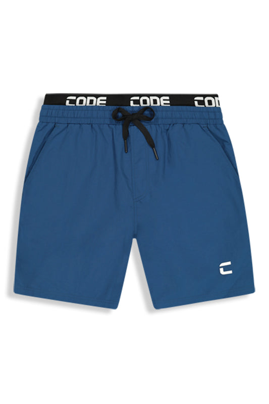 Front view: Vibrant opal blue pool shorts with an elastic waistband.