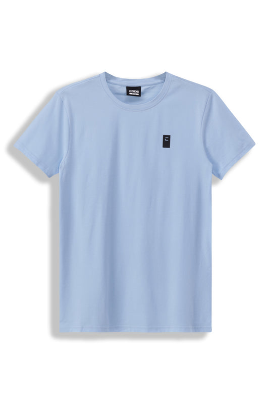 Front view: A classic sky blue crew neck T-shirt with a fresh, clean aesthetic, perfect for everyday wear.