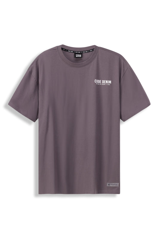 Front view: A dark grey oversized t-shirt with a relaxed fit, dropped shoulders, and a soft cotton blend for all-day comfort.