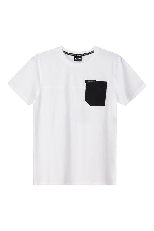 Front view: A fresh white fashion t-shirt with a modern cut and premium cotton fabric.