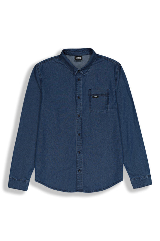 Front view: A timeless dark wash denim shirt with a structured collar and button-up front.