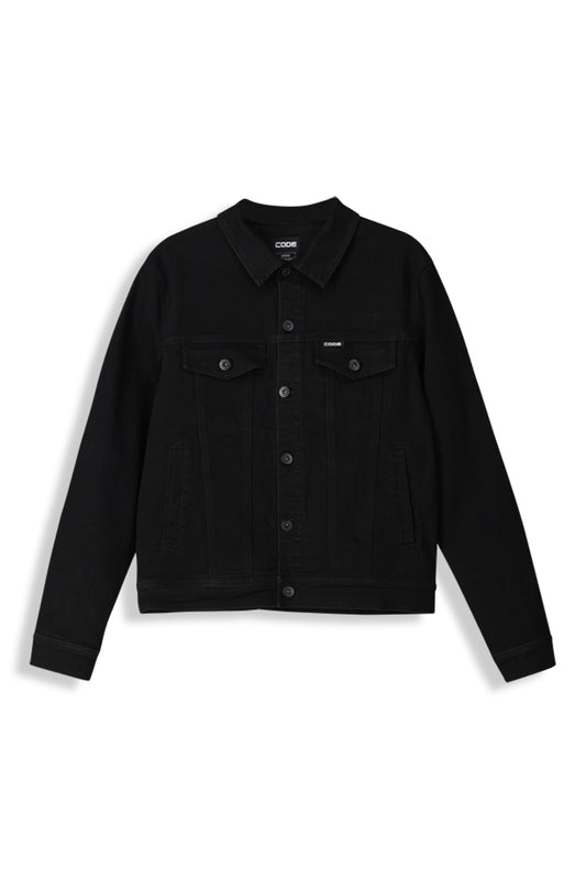 Front view: Edgy black denim jacket with a button-down closure.